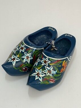 Hand-Painted Dutch Wooden Clogs - Blue Floral "Holland"